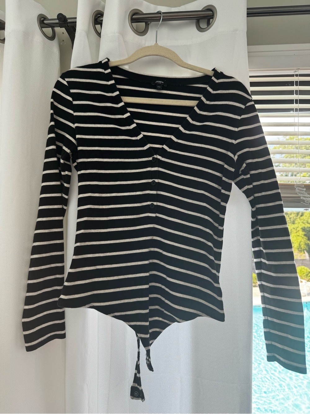Express Black & White Striped V-Neck Long-Sleeve Bodysuit